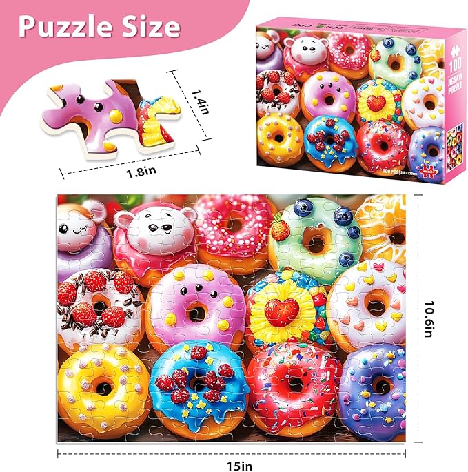 Jeaiciro 100 Piece Puzzles for Kids Ages 4-6 6-8 8-10, Colorful Donuts Jigsaw Puzzle Educational Toy for Kids Ages 5-8 Large Piece Puzzles for Seniors & Adults Fun Family Activity Gift for Child