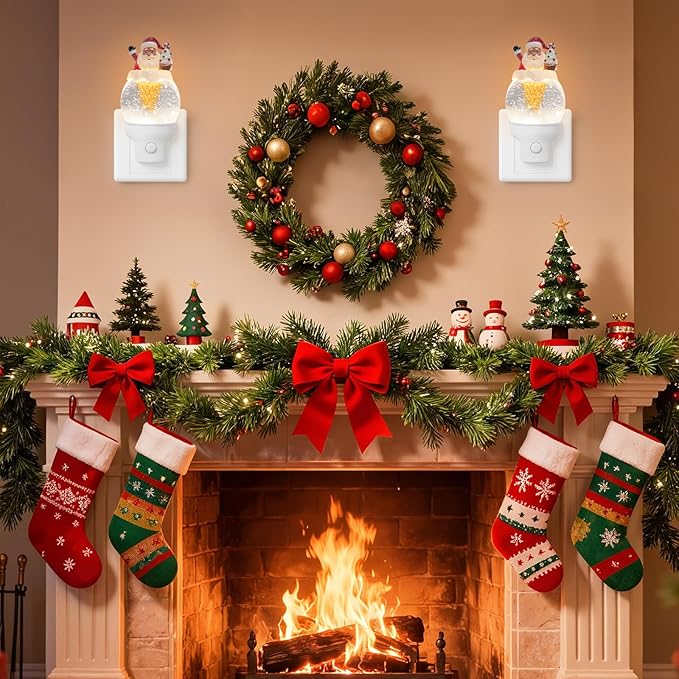 2 Pack Christmas Santa Night Light Plug into Wall Glitter Water Nightlight with USB/Outlet Options, Christmas Decorative Nightlight for Bedroom Kitchen Holiday Decorations Gifts (Santa Ice Cream)