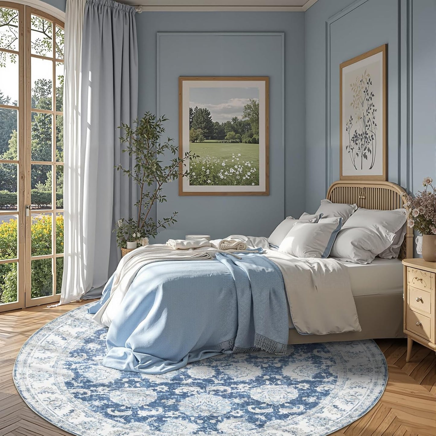 jinchan Round Rug 7ft Area Rug - Dark Blue Vintage Floor Mat Kitchen Indoor Ultra-Thin Soft Floral Print - Washable Circle 7' Retro Accent for Farmhouse Non Slip Dining Room Living Room Bedroom Office