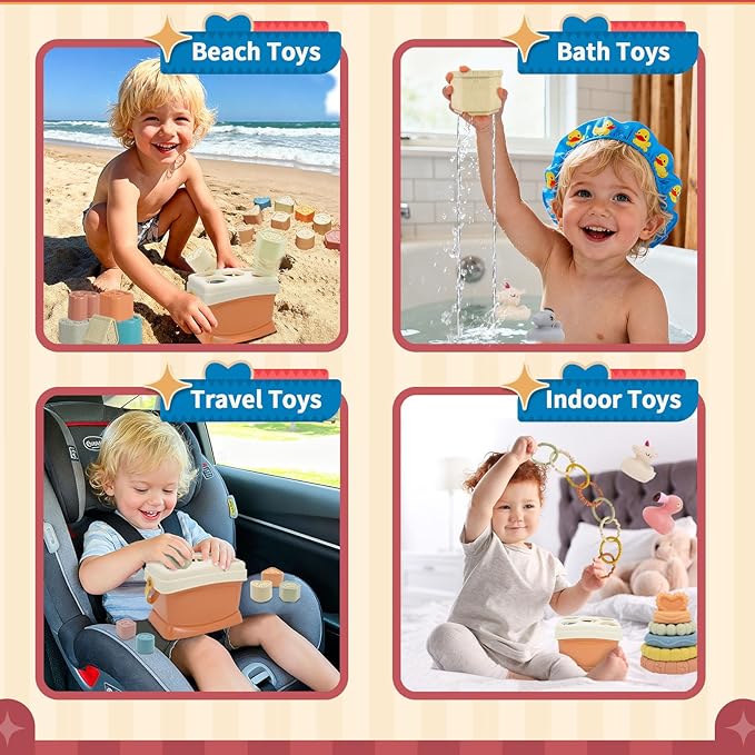 Shape Sorters Baby Toys 5 in 1 Montessori Toy for 6-48 Months Stacking Cups,Rings Toy Links,Soft Stacking Rings,Blocks Set,Soft Animals Toys Shape Sorters for Toddlers 1-3