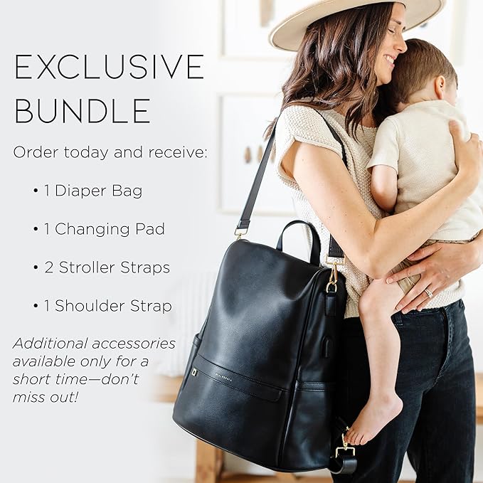 MIA + SOPHIA Leather Diaper Bag Backpack with USB Charging port, Changing Pad, Stroller Straps (Black Mia)