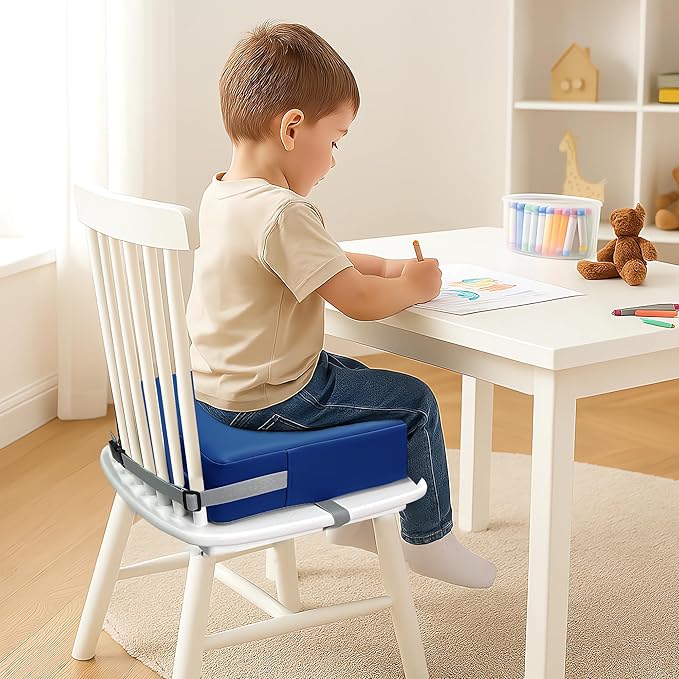Toddler Booster Seat for Dining Table, 2 Elastic Seat Belts, Anti Scratch PU Skin-Friendly, Waterproof, Anti-Wrinkle, Detachable Non-Slip Bottom - Dark Blue