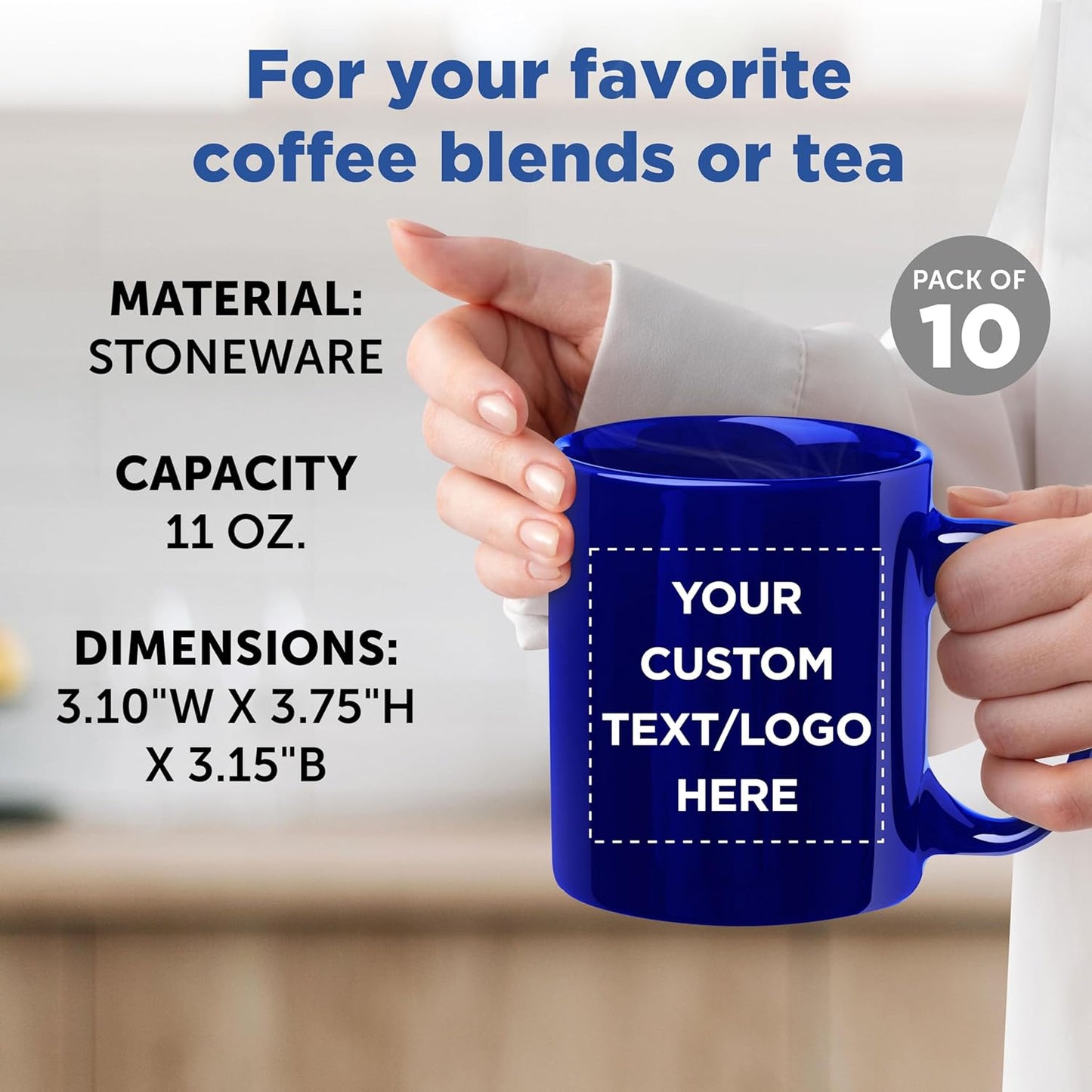 Custom Ceramic Coffee Mugs 11 oz. Set of 10, Personalized Bulk Pack - Coffee cup set, Iced coffee cup, Gaming mug - Royal Blue