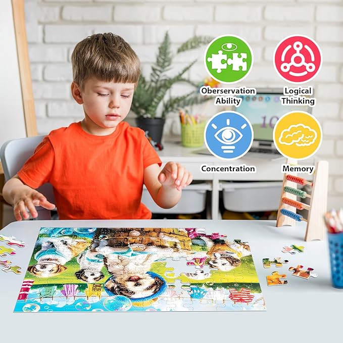 100 Piece Puzzles for Kids Ages 4-6 6-8 8-10 Year Old - Puppies and Bubbles, 100 Pieces Jigsaw Puzzles for Kids, Children Learning Educational Toys Gift for Boys and Girls