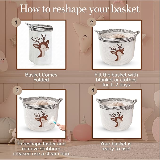 Deer Storage Basket for Nursery – Large 15”x11” Cotton Rope Bin with Soft Felt Animal Patch – Toy Organizer, Baby Laundry Hamper, Diaper & Towel Holder – Foldable, Washable & Baby-Safe