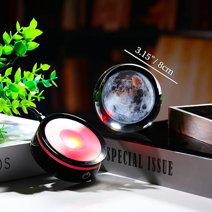 3D Moon Model Crystal Ball Led Lamp Base - Space Decor World Globe Planets Sphere Night Light 80mm 3.15 Inch - Solar System Decor Best Birthday Astronomy Gifts for Men Physics Science Teacher
