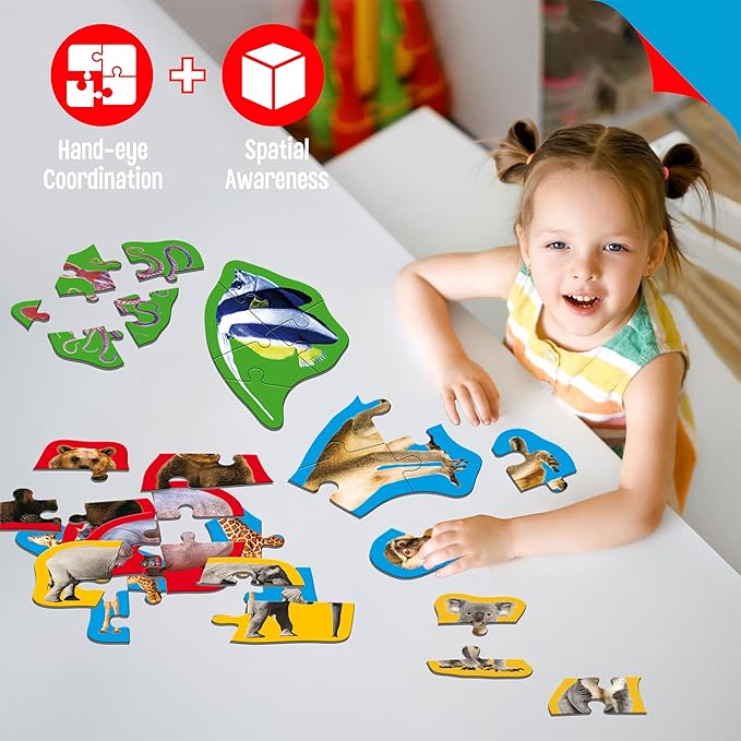 12 Pack Marine Animal Puzzles, 48 Pieces Step-by-Step Animal Jigsaws, Realistic Sea Animal Jigsaw Puzzles with Name Guide Early Learning for Beginner Preschool Toddlers 3+ Years Old