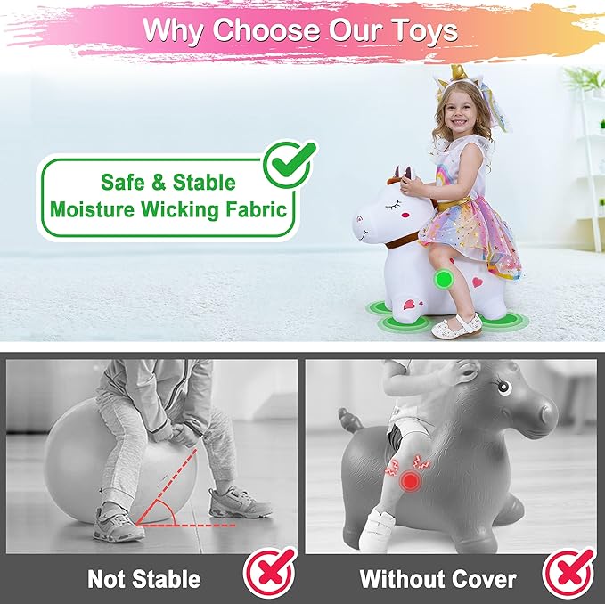 iPlay, iLearn Bouncy Pals White Hopping Horse, Inflatable Bouncing Animal Hopper Toy W/Pump, Plush Ride on Bouncer, Indoor Outdoor Birthday Gifts for 18 24 Month 2 3 4 5 Year Old Toddler Kid Boy Girl