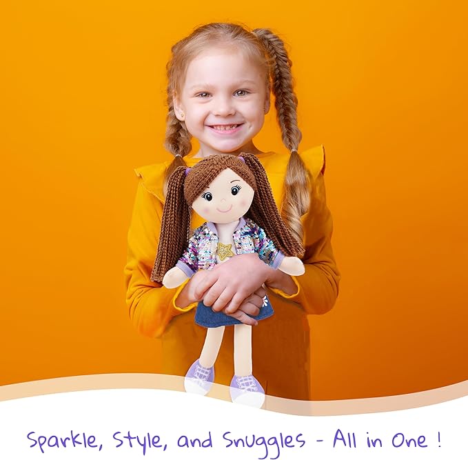 June Garden 18" Snuggle Cutie Sophie Glam - Soft Cuddly Plush Doll Gift for Girls - Huggable Rag Doll - Trendy Outfit L