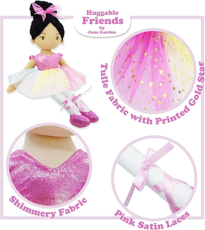 June Garden 16" Ballerina Princess Stella - Stuffed Plush Soft Doll - Pink Outfit - Gift for Toddlers and Little Girls