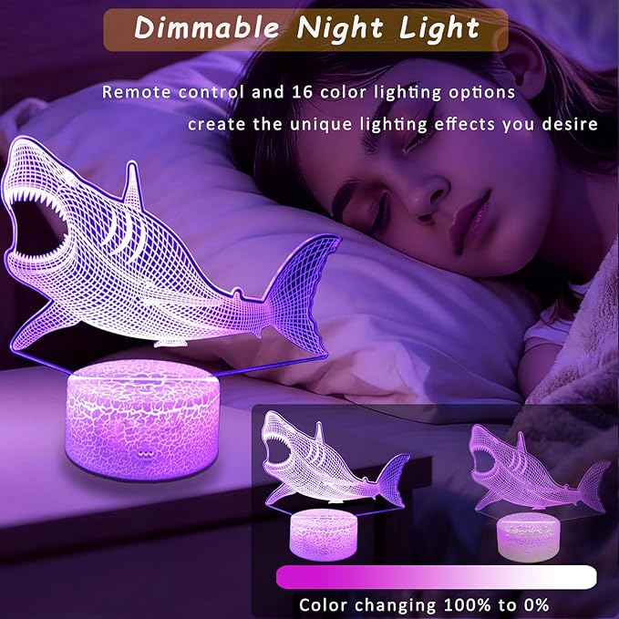 Megalodon Night Light, Nursery Night Lamp for Kids, 16 Color Changing with Dimmable Remote Control, Toy Shark Gifts for Girls Boys Teen Kids Family, Bedroom Shark Theme Decortive
