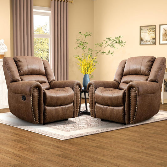 CANMOV Leather Recliner Chair Set of 2, Classic and Traditional Manual Recliner Chair with Comfortable Arms and Back,Manual Single Recliner Sofa for Living Room, Nut Brown