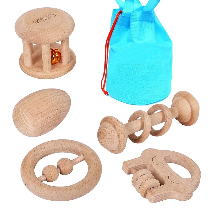TOWO Wooden Rattles Maracas Baby Toys 6 Months-Organic Eco Toys for Infant Grasping Teething Natural Tether Musical Instrument Shaker Sensory Brain Development Newborn Birth Gift for Boys Girls