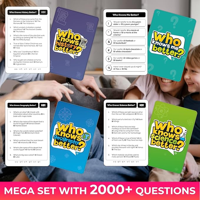 QUOKKA Who Knows Better? - Set 4 in 1 - Family Card Trivia Game | Fun Learning & Educational Questions for Families | Suitable for Boys & Girls