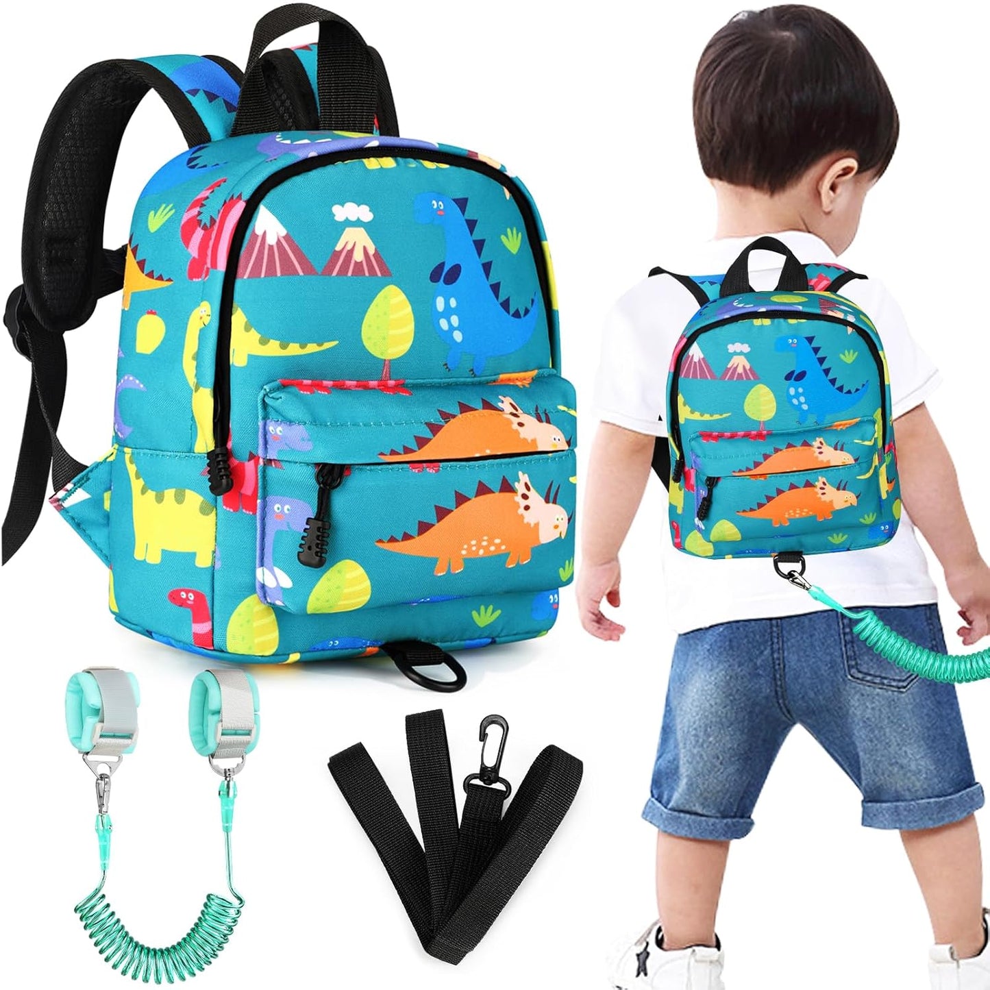 Accmor Toddler Backpack Leash with Anti Lost Wrist Link, Cute Mini Child Walking Harnesses Keep Kids Close Back Pack Rope Tether Rein for Baby Boys (Turquoise/Dino)