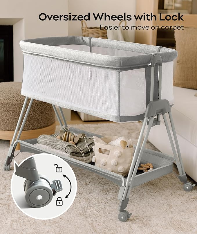 Fodoss Bedside Bassinet for Baby with Wheels, All Mesh Bedside Crib with Storage Basket, Hight Adjustable and Easy Assembly