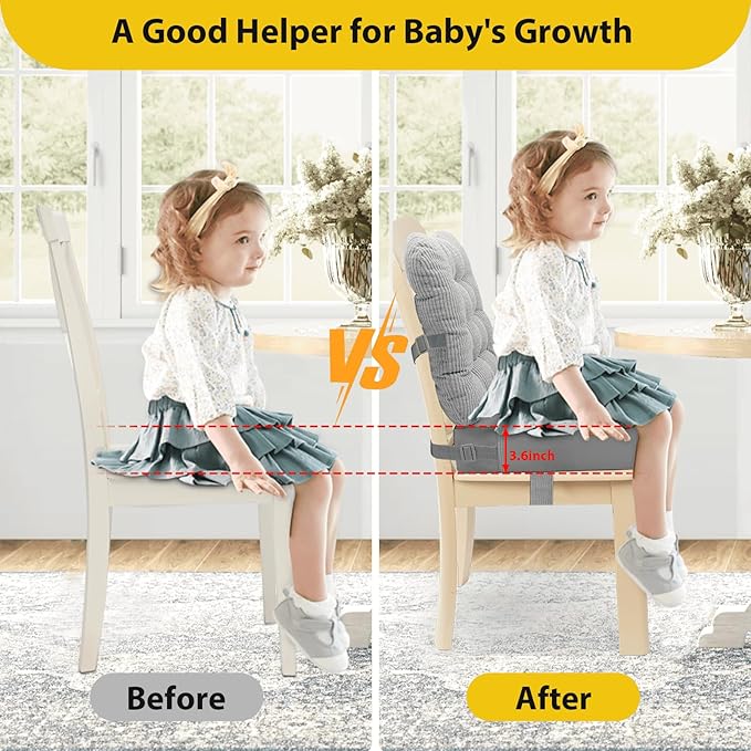 Toddler Booster Seat for Dining Table 2PC Upgraded 3.6IN Cushion with Soft Corduroy Backrest Infant Booster Seat for Kitchen Chair with Adjustable Straps - Non-Slip Base & Breathable Fabric ﻿