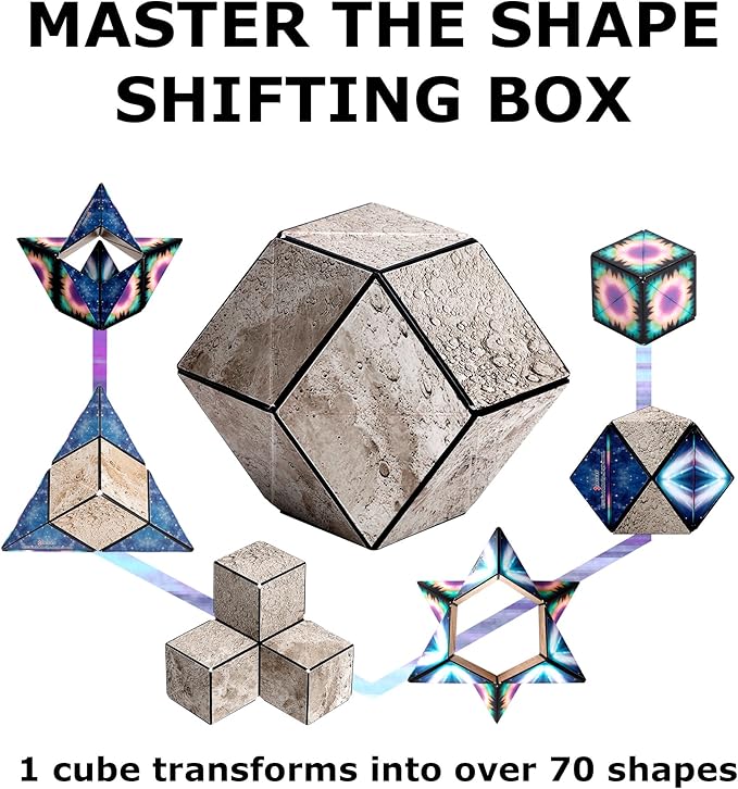 SHASHIBO Shape Shifting Box - Award-Winning, Patented Fidget Cube w/ 36 Rare Earth Magnets - Transforms Into Over 70 Shapes, Gift Box, Download Fun in Motion Toys Mobile App (Moon, 2 Pack)