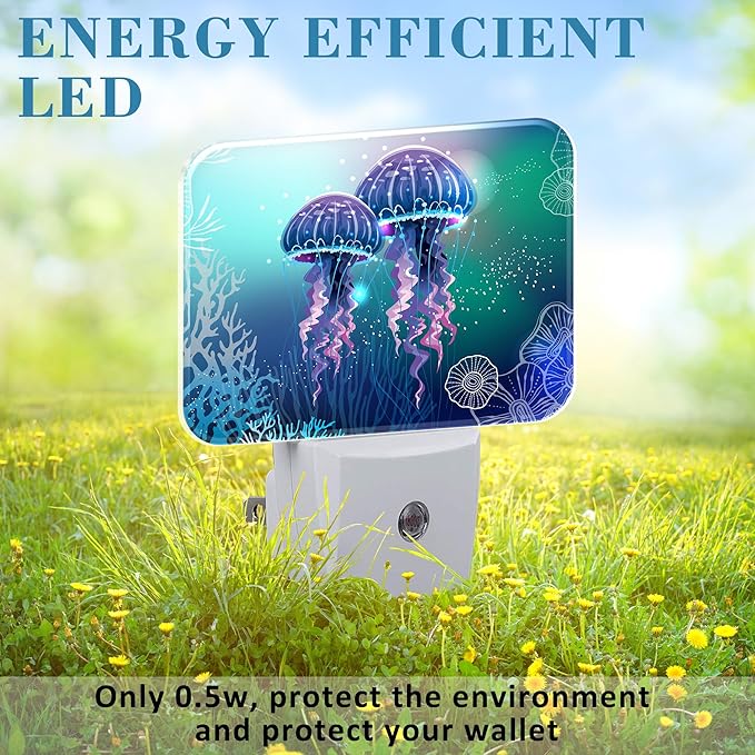 Glowing Jellyfish in Deep Sea Night Light for Kids Girls Boys, Jellyfish LED Night Light Plug into Wall with Dusk to Dawn Sensor for Room, Hallway, Kitchen, Bathroom, Stairs Decor