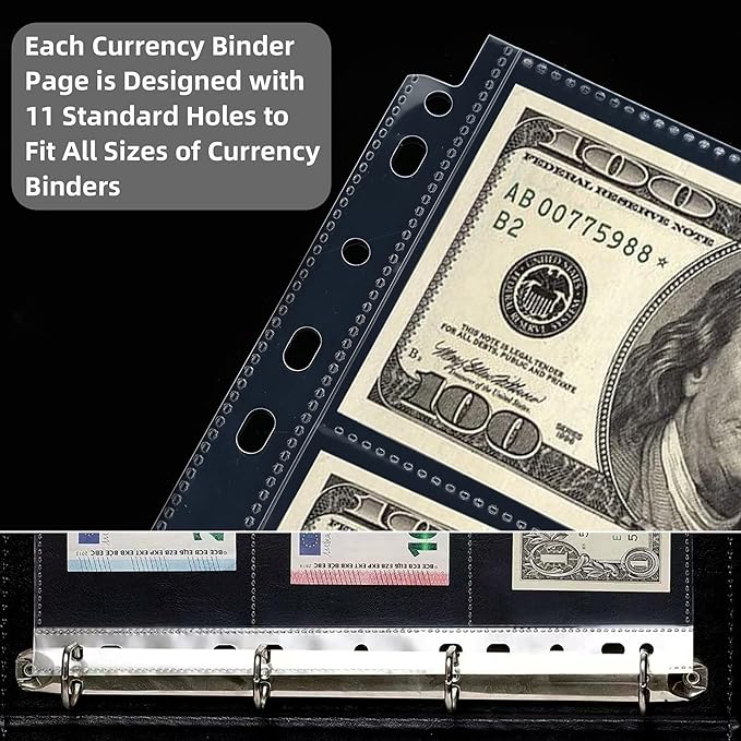 150-Sheets Double-Side 3-Pocket Currency Pages - 11 Holes for Currency Binder, 900 Pockets Paper Money Collection Pages for Dollar Bills, Banknotes and Coupons, Currency Sleeves Collecting Album Pages