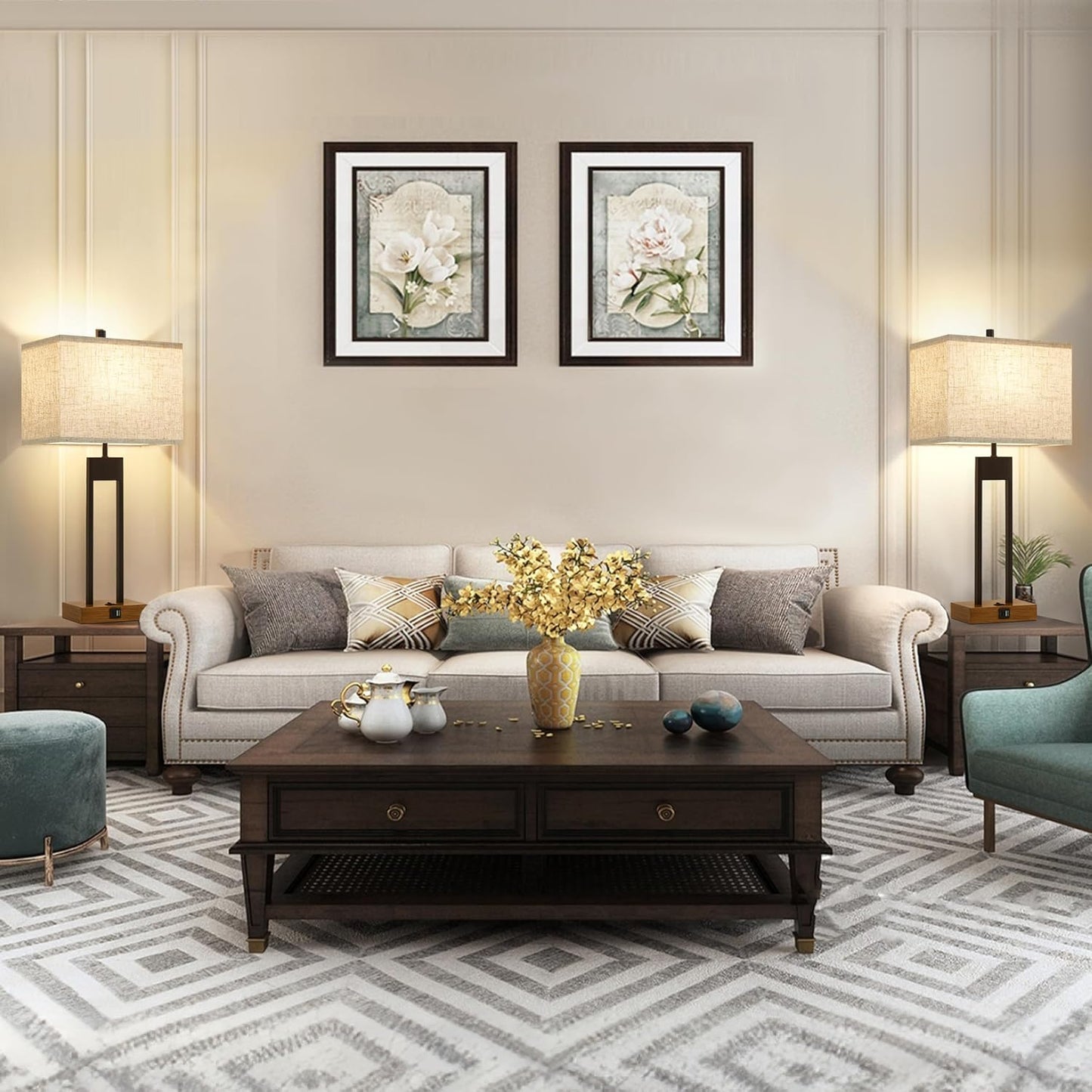 25.5'' Set of 2 Modern Bedroom Table Lamps with USB C+A Ports, 3 Color Changeable, Brown Night Stand Lamps for Bedside, Guest Room, Office, Reading