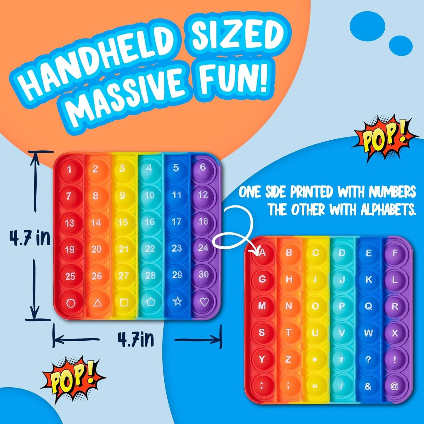 Push Pop Bubble Fidget Sensory Toy, 4-Pack, Square, 5 x 5 Inches, Rainbow, Numbers and Alphabets, Party Favors