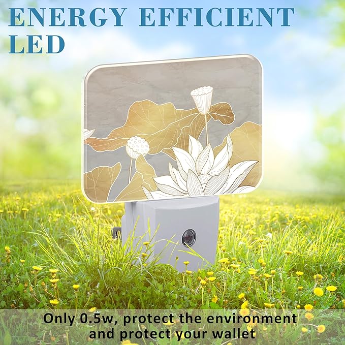 Luxury Water Lily Flowers Night Light Plug into Wall, Golden Lotus and Leaves Night Light with Dusk to Dawn Sensor for Kid Girls Boys Women Men Room, Hallway, Kitchen, Bathroom, Stairs Decor