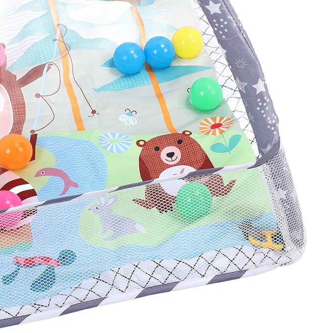 Baby Gym Play Mat, Cotton Playmats & Floor Gyms Portable Tummy Time Mat with 20Pcs Soft Ocean Balls Hanging Toys, Baby Mats for Floor Play
