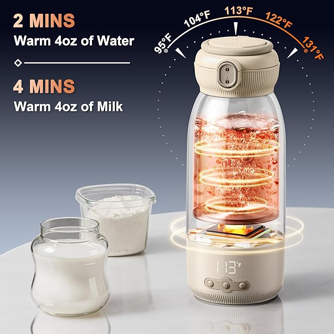 Portable Bottle Warmer for Travel, 16 Oz Baby Bottle Warmer, Super Fast Charging Milk Warmer with Adjustable Temp & Keep Warm for Formula, Breastmilk, Rechargeable & Cordless Water Warmer