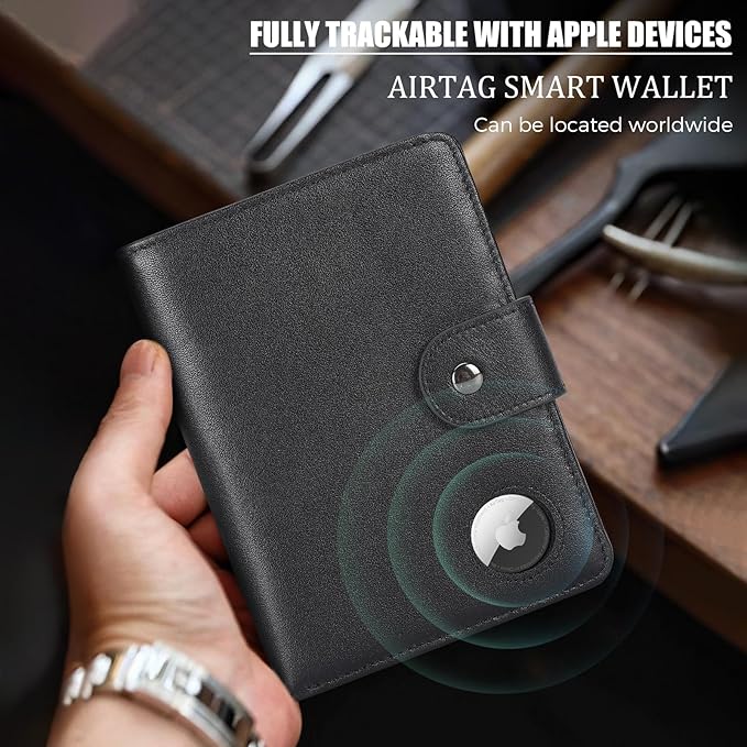 Polare Luxury RFID Blocking Leather Passport Holder Travel Wallet For Men and Women (Black with AirTag Slot(Snap Version))