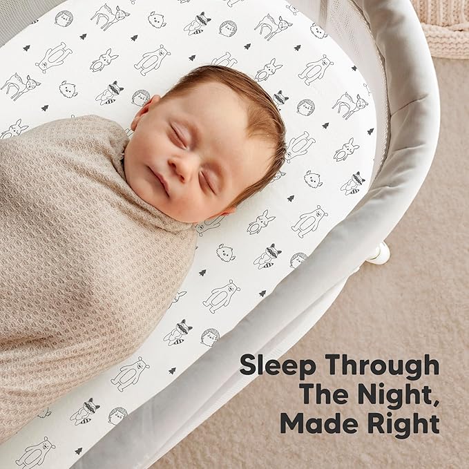 2-Pack Organic Bassinet Sheets for Girls, Boys - 100% Cotton Bassinet Mattress Sheets Compatible with Halo Bassinest Swivel Sleeper, Graco, Baby Delight, Chicco, Fitted Bassinet Sheets (Woodland)