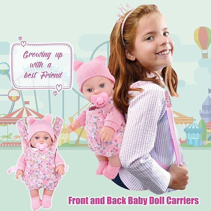 12" Baby Doll Set with Clothes and Baby Carrier for Dolls Reborn Baby Doll Accessories Include Feeding Bottles Nipple Toy Stuffs for Kids Age 3+