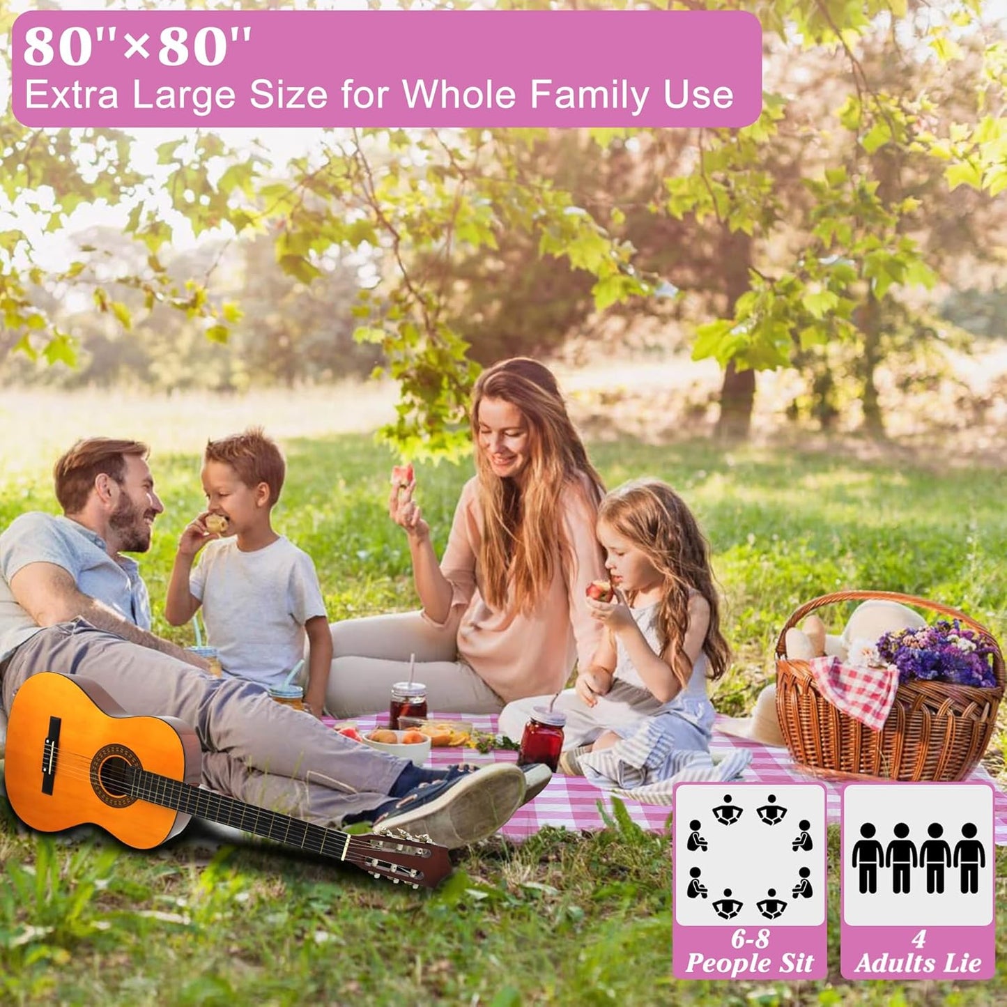 HX&OD Outdoor Picnic Blanket, Extra Large, 80''x80'' Waterproof Foldable Blankets Gingham Picnic Mat for Beach, Camping Grass Lawn Park Accessories Cute Couple Ideas Wedding (Pink, 80”x80”)
