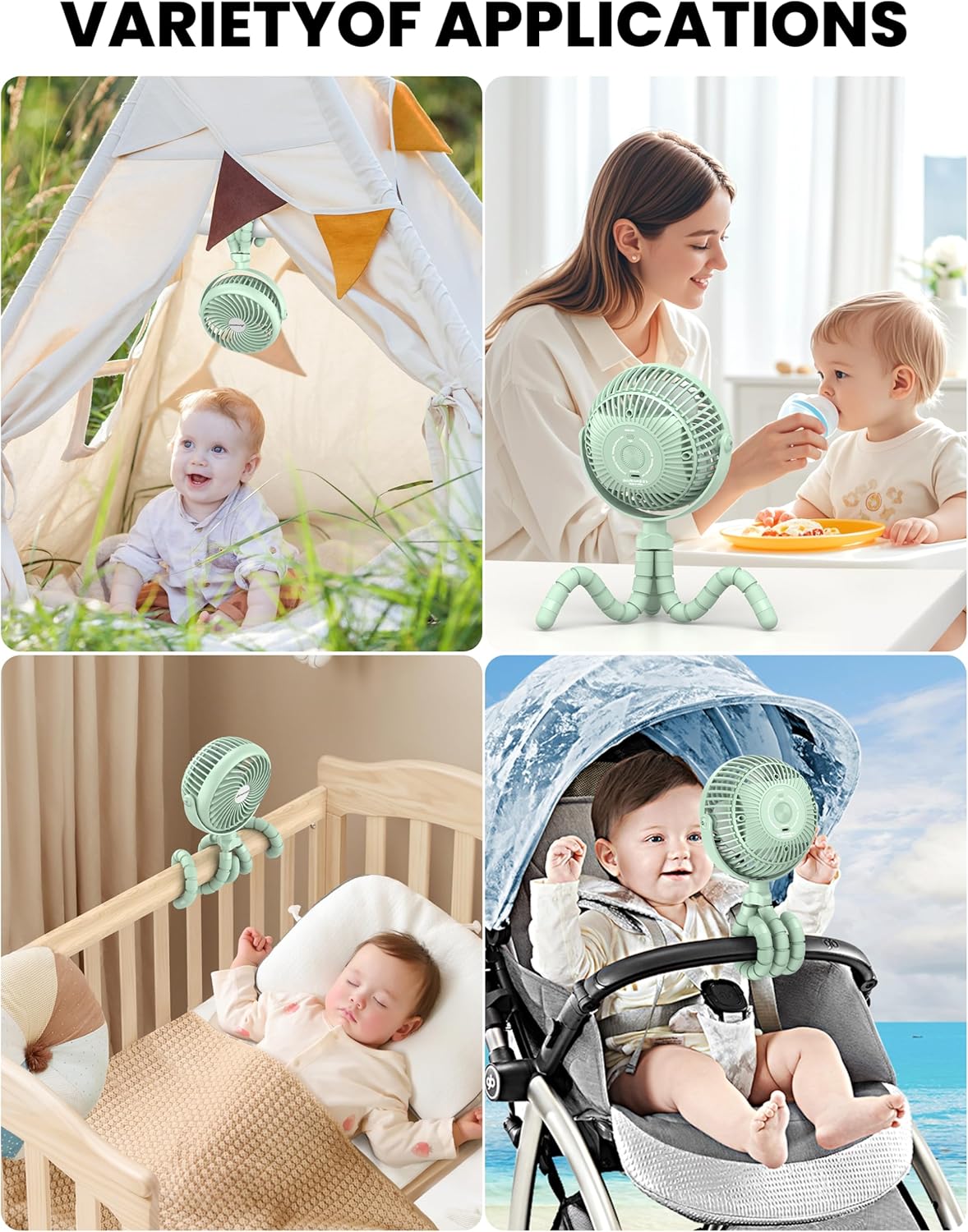 AMACOOL Baby Stroller Fan - 5000mAh Rechargeable, 3-Speed, Strong Yet Quiet, 360°Rotate Portable Clip on Fan for Travel, Car Seat, Crib, Bike, Treadmill, Beach Vacation Essentials