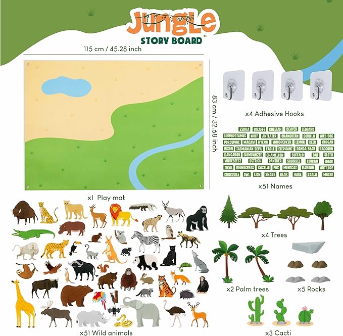 BONNYCO Felt Board for Toddlers with 116 Jungle Animals Figures. Montessori and Sensory Toys, Birthday Gifts for Kids 3-8 Years Old. Educational Games Learning Activities Christmas