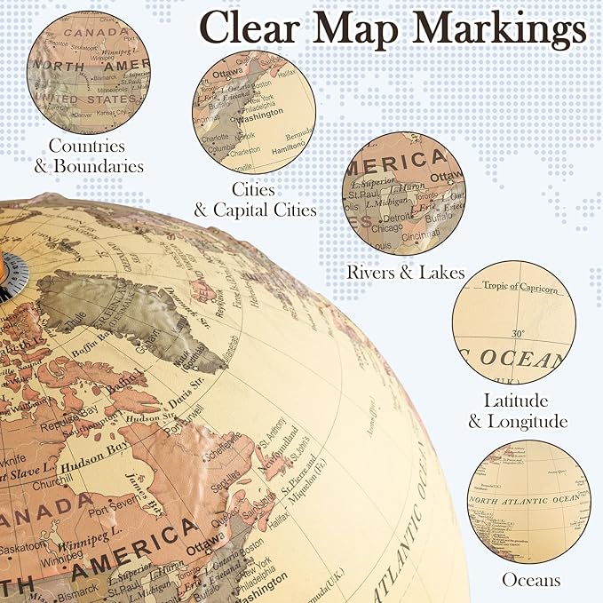 12" Illuminated World Globe, Desktop Globe with Raised Relief, LED Lights, Time Zone & Non-Slip Wooden Base, Geographic Terrain Globes for Decoration (Bronze)