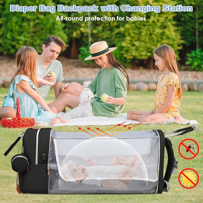 Diaper Bag Backpack, Large Diaper Bag with Changing Station, Baby Bag, New Mom Gifts, Lightweight Waterproof Unisex Diaper Bag with Insulated Pockets and USB Charging Port, Black