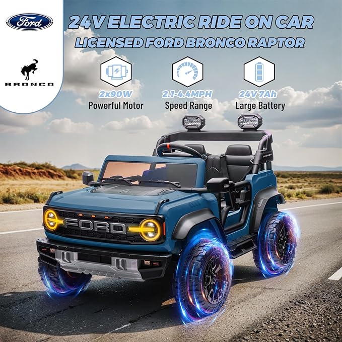ENYOPRO 2 Seater Ride On Car for Kids, 24v Licensed Ford Bronco Raptor Electric Power Ride On Truck Toy with Remote Control, 4 Wheels Shock Absorption, Soft Start, Bluetooth, Radio, 3 Speed - Blue