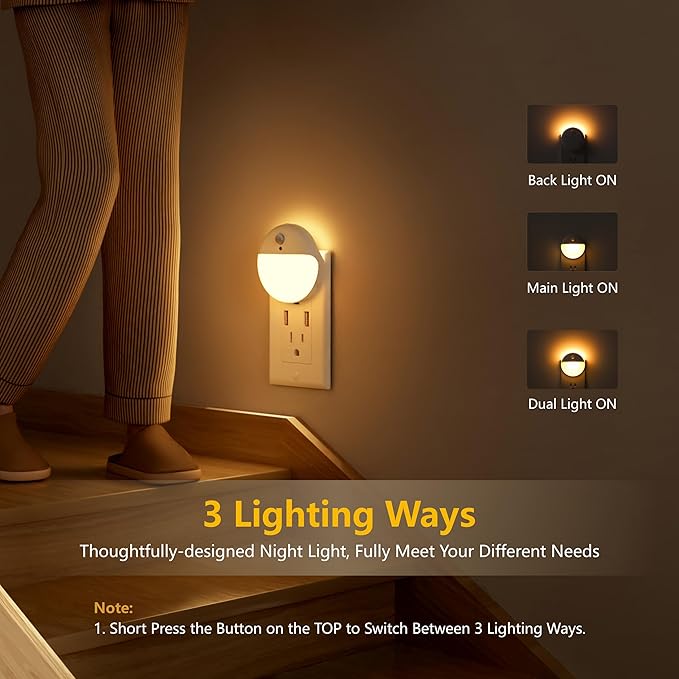 2 Pack Plug in Night Light with 3 Lighting Ways, Stepless Dimming, Light Sensor, Warm White Nightlight for Bathroom, Hallway, Stairs, Bedroom, Kitchen, Kids, Girls, Boys, Adults