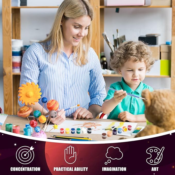 Ayfjovs 56PCS Solar System Foam Balls Crafts for Kids School Projects to Learn Planets, Includes 20pcs Mixed Sizes Polystyrene Balls, Color Pigments, Flags, Painting Brushes, Bamboo Sticks for DIY