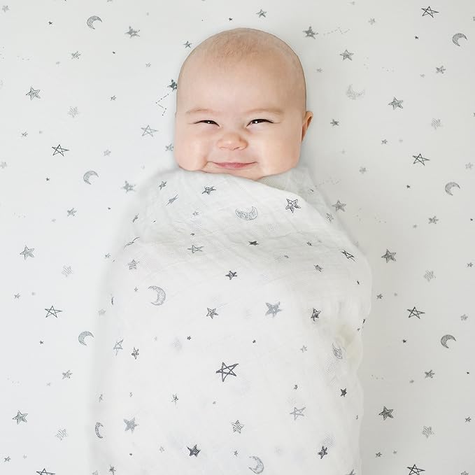 American Baby Company 100% Natural Cotton Fitted Cradle/Bassinet Sheet 36" x 18" - Soft, Breathable & Hypoallergenic Bed Sheet, Gray Stars and Moons, Neutral for Boys & Girls
