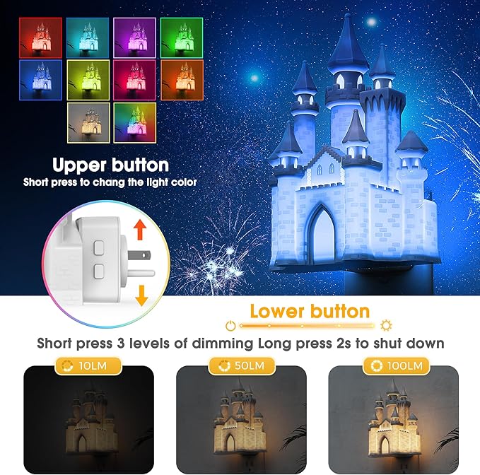 L LOHAS LED 3D Castle Night Lights Plug into Wall, Colored LED Night Light for Kids, Built-in Dusk to Dawn Sensor, Dimmable Night Light for Kids Room Bedroom Bathroom Hallway