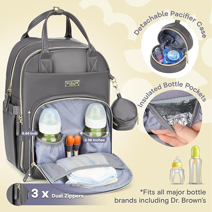 RUVALINO Diaper Bag Backpack, Multifunction Travel Baby Diaper Bag with Changing Pad, Insulated Bottle Holders & Pacifier Case, Large Capacity,Waterproof, Iron Gray