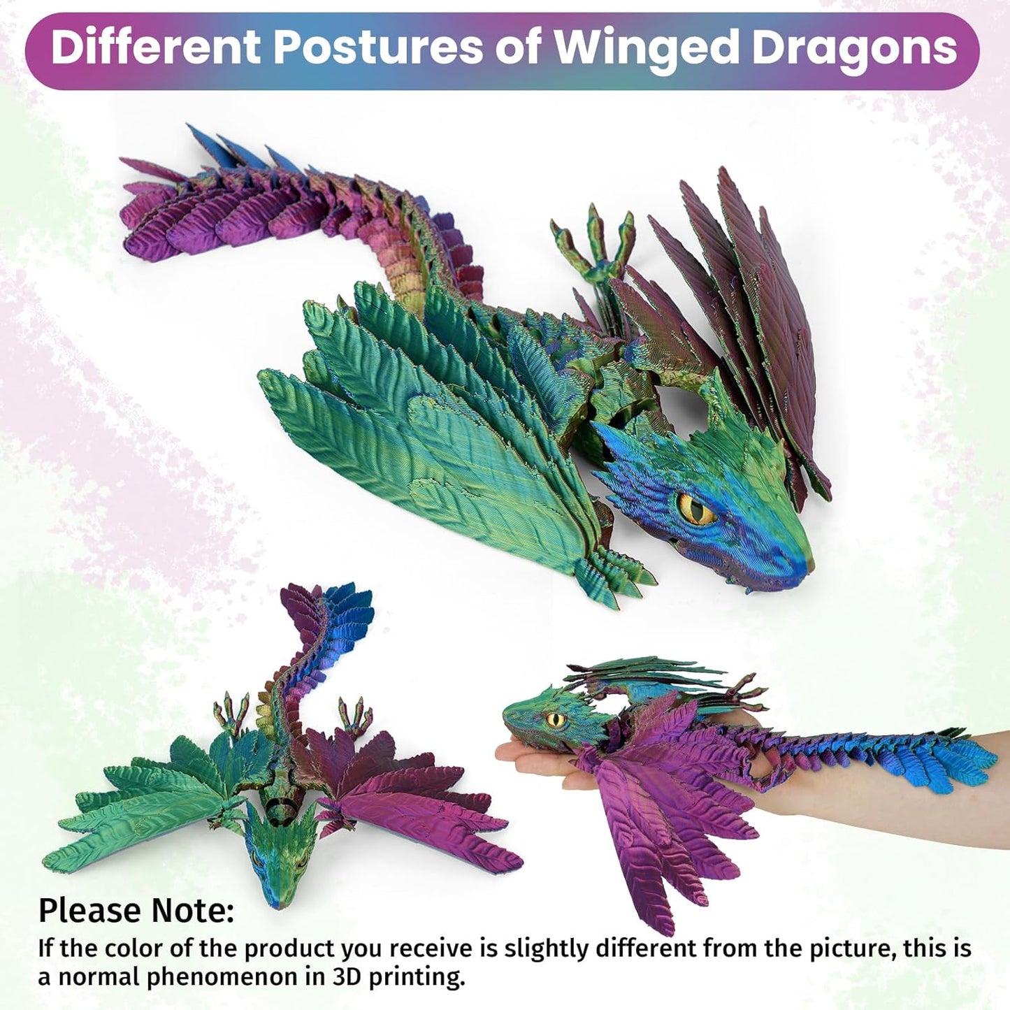 3D Printed Dragon with Wings, Feathered Wyvern Dragon,Full Articulated Crystal Dragon Fidget,Realistic Large Pet Dragon, Flexible Shoulder Dragon Stuff, 3D Printed Animals Toy.