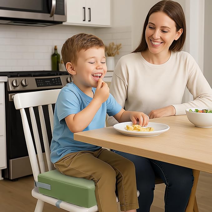 Toddler Booster Seat for Dining Table, 2 Elastic Seat Belts,Anti Scratch PU Skin-Friendly, Waterproof,Anti-Wrinkle, Detachable Non-Slip Bottom - Green