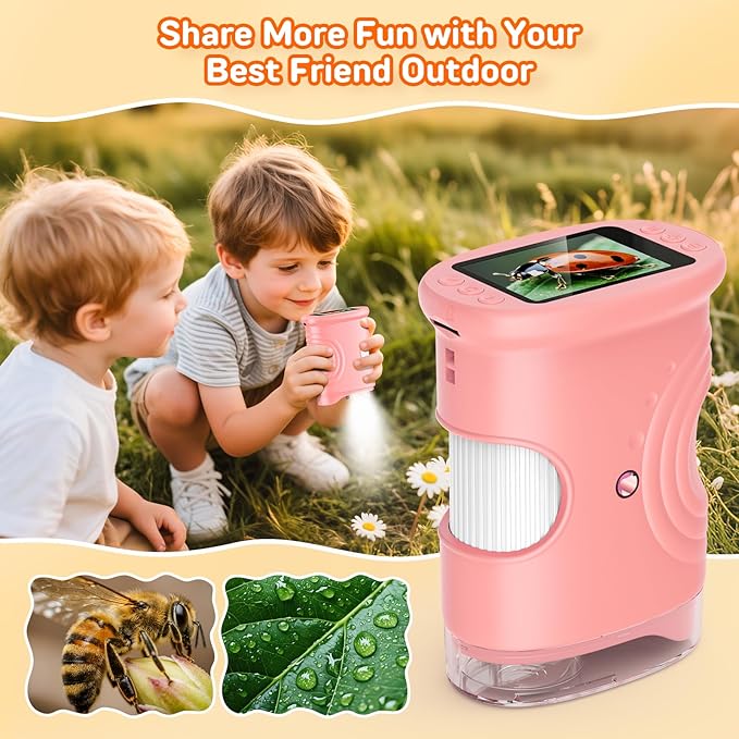 1000X Handheld Digital Microscope for Kids with 2.0" IPS Screen, Portable STEM Science Lab Toy, Rechargeable Pocket Microscope Educational Gift for Boys & Girls Age 4-6 8-12, Pink
