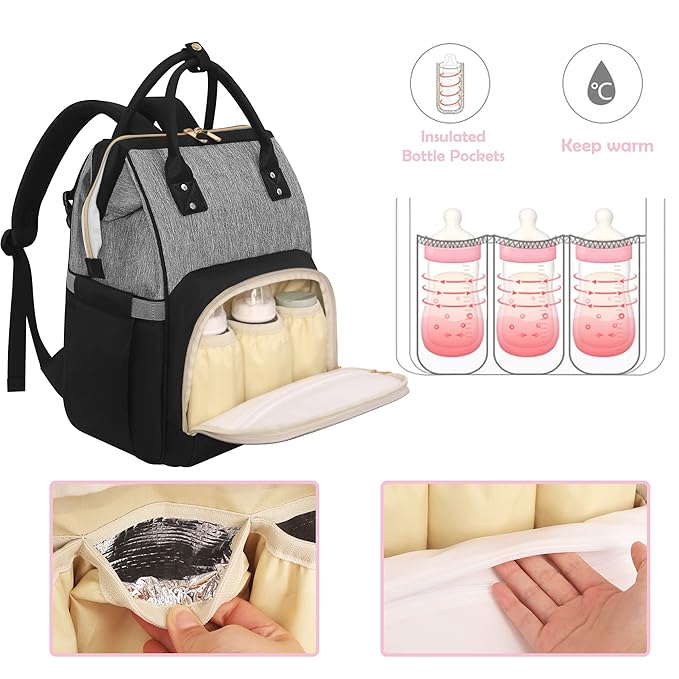 Femuar Diaper Bag Backpack Multifunction Maternity Nappy Baby Bag for Girls & Boys Large Capacity Travel Diaper Bags Black Gray