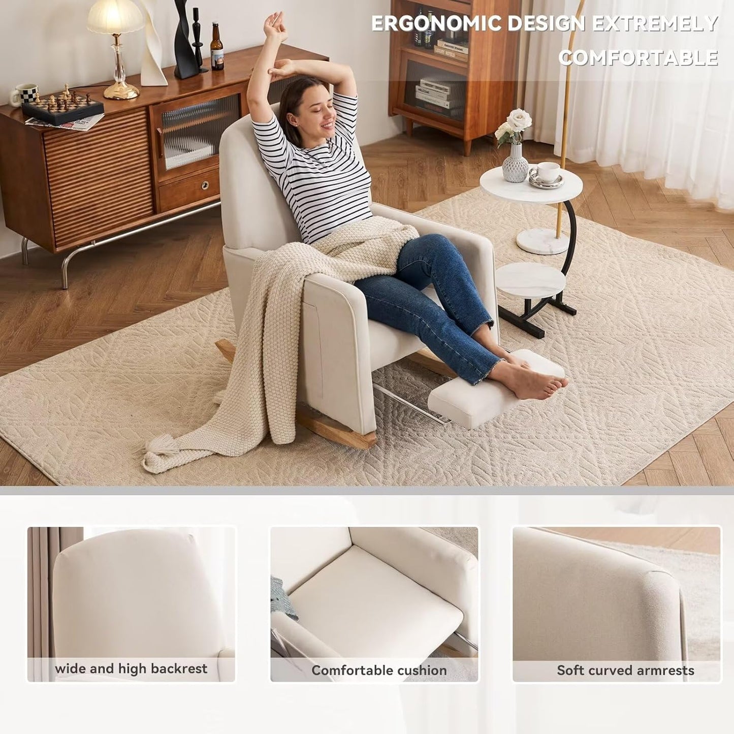 FOXHUNTER Rocking Chair Nursery with Adjustable Footrest and High Backrest, Upholstered Glider Chairs with Side Pockets for Nursery, Rocker Armchair Indoor for Living Room,Beige