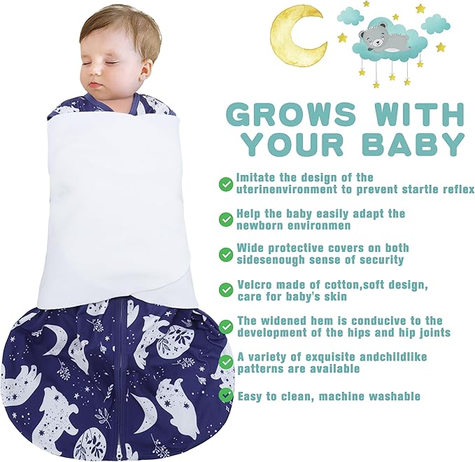 Newborn Sleep Sack Baby Swaddle,3-Way Adjustable Wearable Blanket,100% Rayon Cotton Swaddling Sleeping Bag，TOG 0.5 (Fox & Dinosaurs, 0-3 Months)