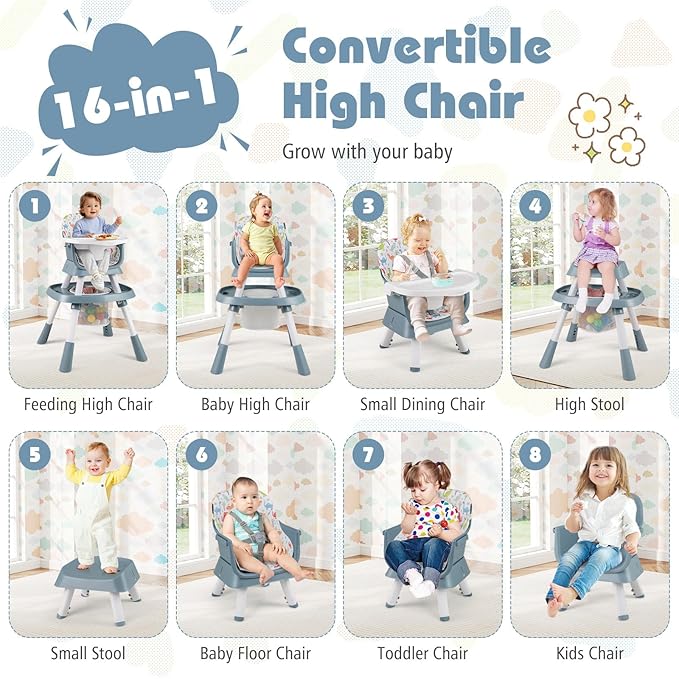 KOTEK 16 in 1 Convertible High Chair, Baby Highchair & Activity Center with Toys, Booster Seat, Building Block Table, Toddler Chair with 5-Point Harness, Removable Tray & Cushion (Blue)